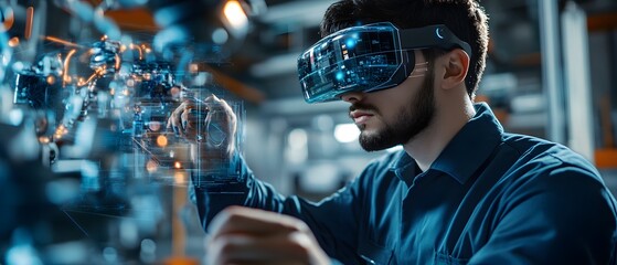 Poster - A focused man in virtual reality goggles analyzing technology with glowing interfaces in a modern lab environment.