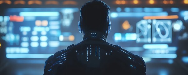 Poster - A futuristic figure stands in front of glowing screens, immersed in digital technology and advanced data analysis.