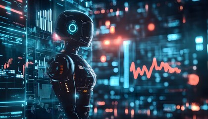 Poster - A futuristic robot stands in a digital landscape, showcasing advanced technology with vibrant neon lights and data visualization.