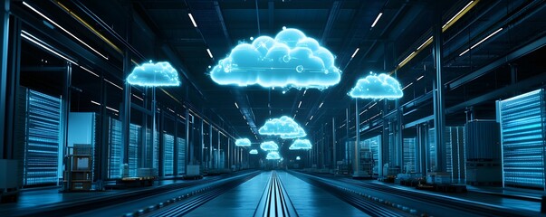 Poster - A futuristic warehouse scene featuring glowing clouds, symbolizing advanced technology and digital solutions in storage logistics.