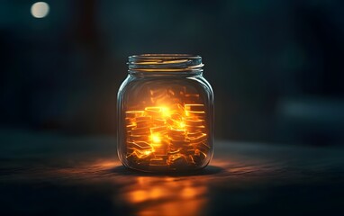 Poster - A glowing jar filled with bright lights, set against a dark background, creating a magical and enchanting atmosphere.