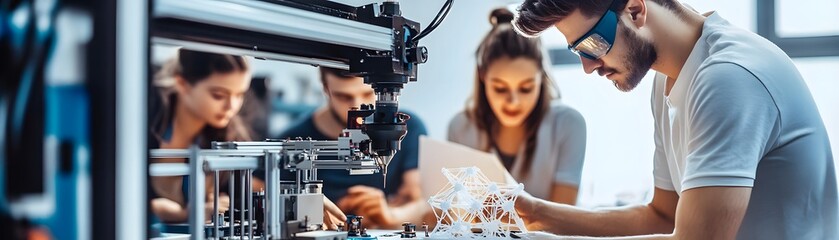 Poster - A group of experts collaborate on a project, focusing on technology and innovation in a modern workspace filled with equipment.