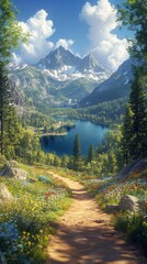 Wall Mural - Scenic mountain pathway leading to a tranquil lake surrounded by vibrant wildflowers