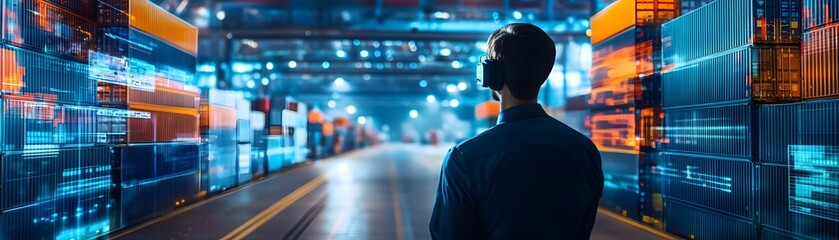 Poster - A lone figure gazes at a futuristic warehouse, surrounded by bright lights and digital displays, evoking a sense of technology and innovation.