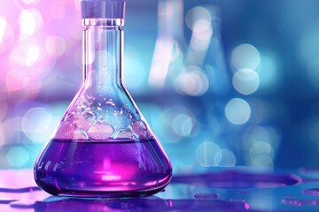 Wall Mural - purple glass flask in blue research chemistry science banner laboratory background