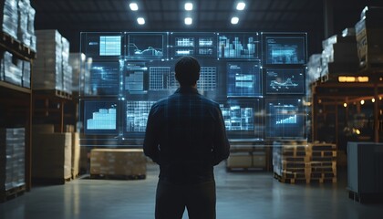 Poster - A person analyzing digital data on screens in a warehouse, showcasing technology and logistics management.