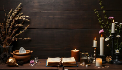 Dark brown wooden table background frame for text, decorated with witchy items to look esoteric and occult. Free writing space in the middle. Dried herbs, crystals, old vintage books candles flowers