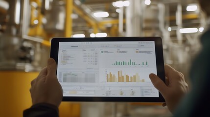 Fototapete - A person examines analytical data on a tablet in a modern industrial setting, highlighting technology and productivity.