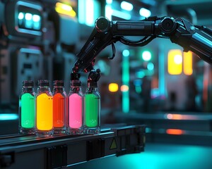 Poster - A robotic arm efficiently handling colorful bottles in a modern, illuminated factory environment, showcasing advanced automation technology.