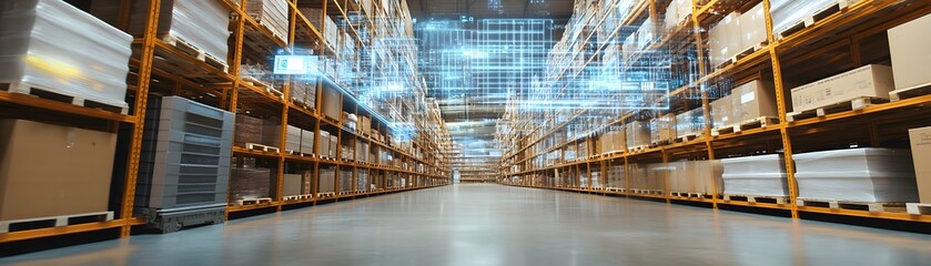 Poster - A spacious warehouse interior with neatly arranged shelves, reflecting organized storage and modern logistics efficiency.