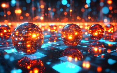 Poster - A vibrant digital landscape featuring glowing spheres on a grid, ideal for technology and futuristic themes.