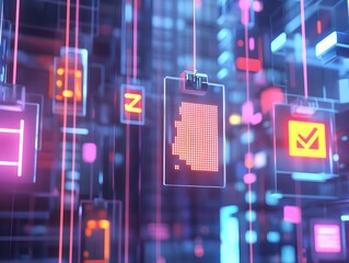 Poster - A vibrant digital landscape showcasing floating icons and data blocks, representing modern technology and innovation.
