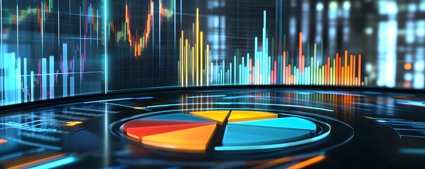 Poster - a vibrant digital visualization of data analysis with graphs and pie charts, ideal for business and 