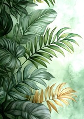 Naklejka na meble A painting of a lush green jungle with a yellow leaf in the foreground. The painting has a serene and peaceful mood, with the bright colors of the leaves