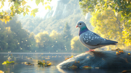 Breathtaking Serenity of a Baby Pigeon by the Lakeside with Dreamlike Reflections and Beauty