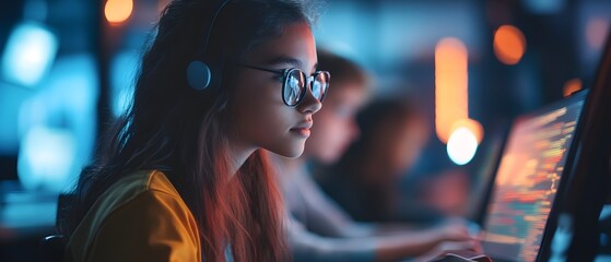 Poster - A young woman in glasses focused on coding at a computer, showcasing concentration in a modern tech environment.