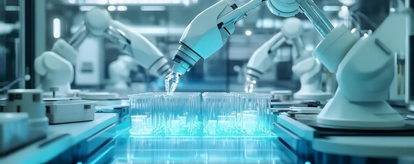 Poster - Advanced robotic arms performing tasks in a modern laboratory, showcasing precision and automation in scientific research.