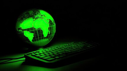 Poster - Green world globe on a keyboard, illuminated in soft light, conveying sustainable digital development