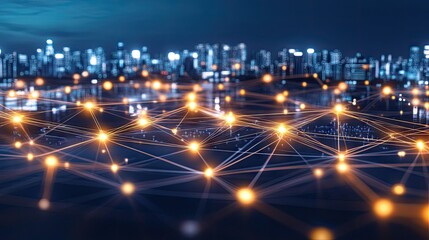 Poster - Green tech background with interconnected network of polygons and digital, geometric forms