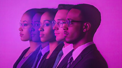 Aufkleber - Group of diverse businesspeople with digital holograms and tech overlays, symbolizing global collaboration