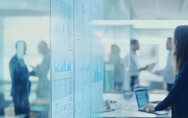 Poster - Business professionals collaborating in a modern office environment, analyzing data on screens and discussing strategies.