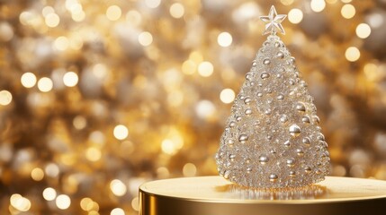 Decorative silver Christmas tree with ornaments on a golden background shining bright during holiday season celebrations