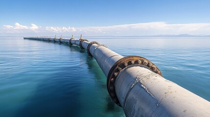 A sturdy pipeline stretches across serene waters, connected by metal joints, reflecting the clear blue sky and creating a sense of calm in the coastal landscape