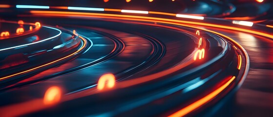 Poster - Dynamic abstract background with flowing neon lights and curves that evoke motion and energy in a futuristic setting.