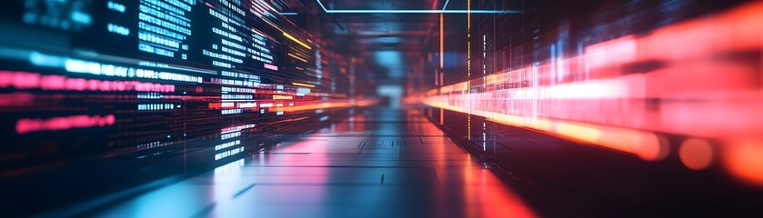 Poster - futuristic abstract scene with vibrant neon lights and digital patterns, perfect for technology and 