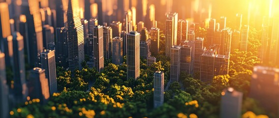 View from above of a futuristic green city skyline at sunrise, combining nature with urban architecture.