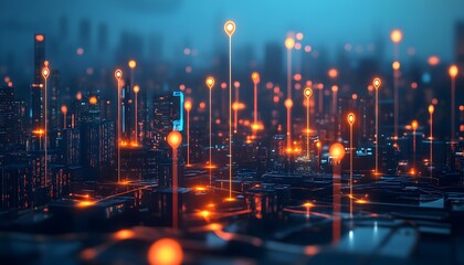 Poster - Futuristic cityscape with glowing lights and digital elements, representing advanced technology and urban innovation.