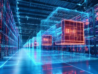 Poster - Futuristic data center with glowing servers, showcasing advanced technology and digital infrastructure in a vibrant, immersive environment.