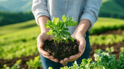 Hands carefully cradle a young plant, showcasing healthy leaves and nutrient-rich soil, while surrounded by vibrant greenery under a blue sky