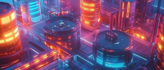 Poster - futuristic digital cityscape featuring glowing buildings with vibrant neon lights and intricate arch