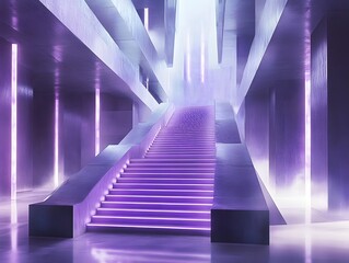 Poster - Futuristic stairway with vibrant purple lights, creating a stunning visual effect in a modern architectural space.