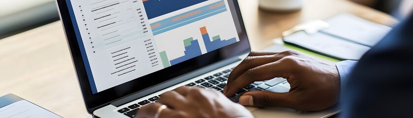 Poster - Hand on laptop keyboard analyzing data with charts and graphs on the screen, representing technology and business insights.