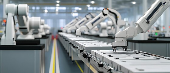 Poster - High-tech factory with robotic arms working on production line for automation and manufacturing processes.
