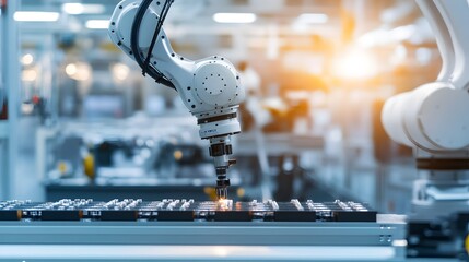 Poster - High-tech robotic arm assembling parts in a modern factory setting with vibrant lighting, showcasing advanced automation technology.