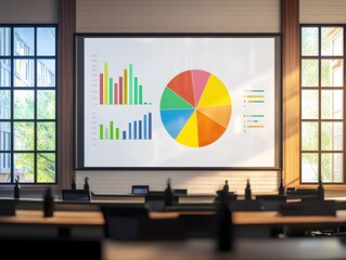 Fototapete - Modern conference room with a large screen displaying colorful charts and graphs, ideal for presentations and data analysis.