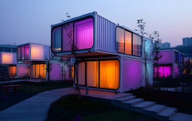 Poster - Modern container homes illuminated at dusk, showcasing vibrant colors in an innovative architectural design.