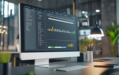 Fototapete - Modern workspace featuring a desktop computer displaying analytical data charts for business performance and productivity.
