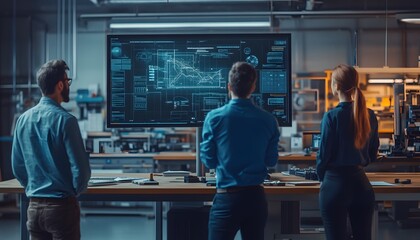 Fototapete - Professionals analyzing data on a large screen in a modern office. Collaboration in technology and innovation is evident.