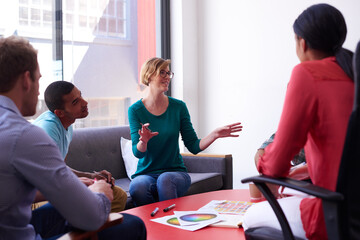 Poster - Woman, color palette and meeting in office with people, discussion and planning with project at company. Manager, group and brainstorming for interior design, teamwork and circle at creative agency