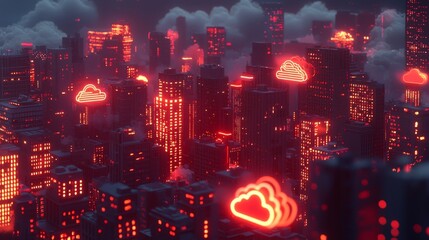 Poster - Cloud computing icon over futuristic cityscape, representing cloud computing and data storage integration in modern technology.