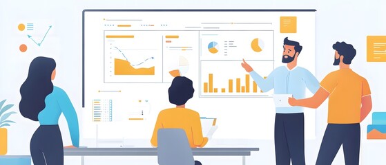 Poster - Team members discussing data insights in a modern office with analytics on a screen, promoting collaboration and decision-making.
