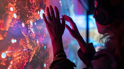 Aufkleber - woman is using a futuristic transparent computer interface with hand gestures, illuminated by colorf