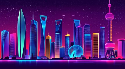 Poster - Luminous skyscrapers illuminate an abstract pattern as the city nightlife comes alive