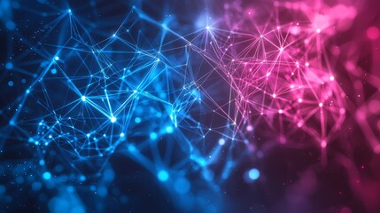 Poster - in this futuristic city skyline, glowing pink and blue network connections showcase digital communic