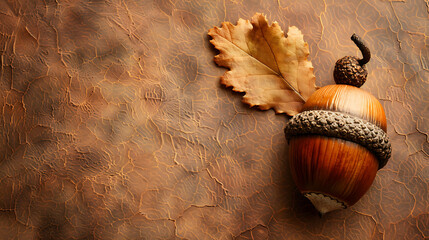 A beautiful image of an acorn and a leaf on a brown background. The acorn is brown and shiny, and the leaf is a deep orange.