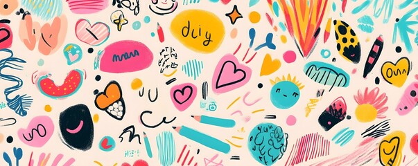 Poster - Vibrant abstract pattern featuring colorful shapes, doodles, and playful designs on a light background, perfect for creative projects.